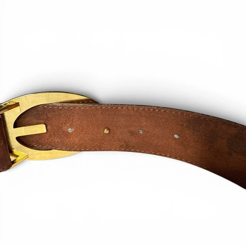 Guess Genuine Leather Belt Small‎ Brown Large Gold Buckle Adjustable Logo Y2K
